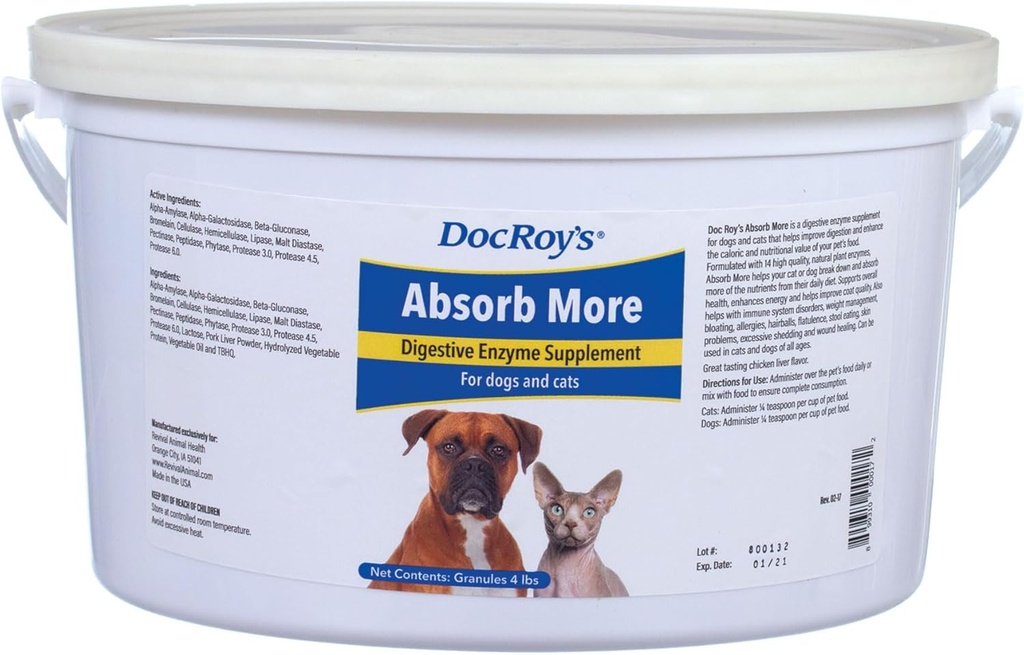 Doc Roy's Absorb More - Digestive Enzyme Supplement- for Dogs & Cats - 4lb Granules