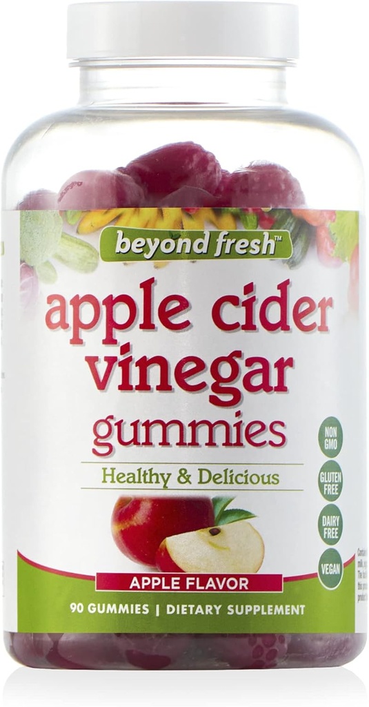 Beyond Fresh Apple Cider Vinegar Gummies, Ondersteunt spijsvertering, Handhaaf Waterbalans, Debloat, Rijk aan energie Boosting Vitamine B12 en B9 (Folic Acid), Vegan, Zuivelvrij, Glutenvrij, 90 Tellen, Multi