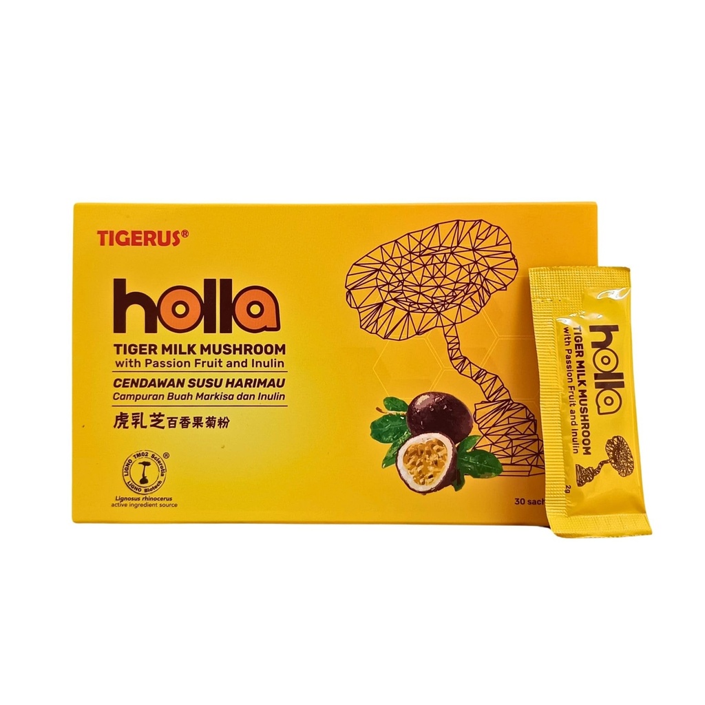 TIGERUS® Holla Tiger Melk Paddestoel met Passie Fruit en Inuline - Immune Support, Digestieve Gezondheid, Antioxidant Boost, Natuurlijke Wellness Supplement - 30 Sachets