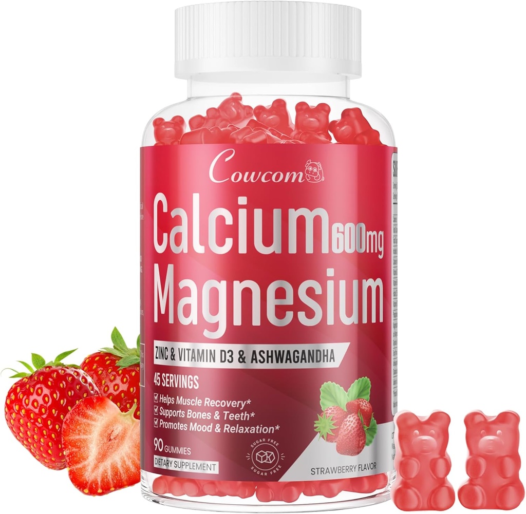 Calcium Magnesium Zink Gummies & Vitamine D3,B6,B12,Immune & ondersteuning Bone Health Calcium Magnesium Supplement voor vrouwen Mannen,Sugar-Free Vegan Aardbei Smaak 90 Telt