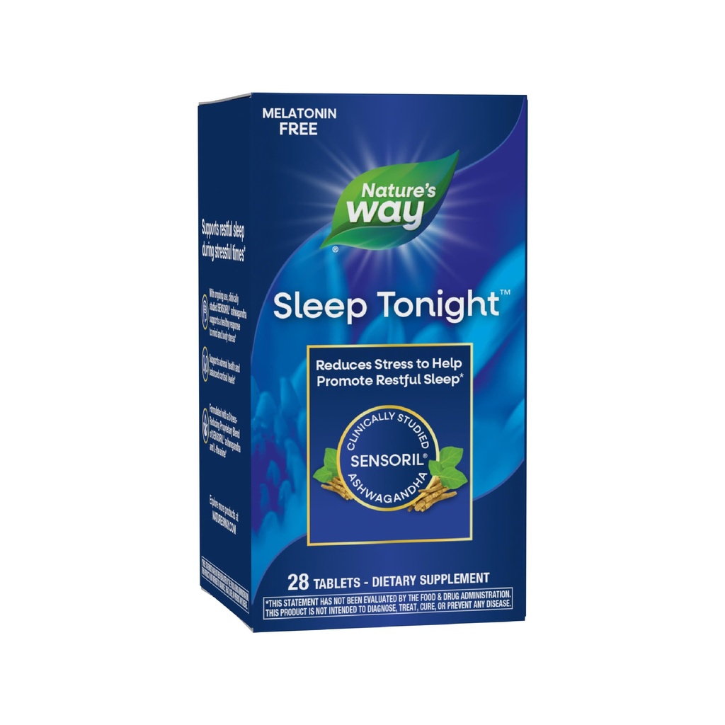 Nature's Way Sleep Tonight, Stress-Reducing Formula to Promote Rustful Sleep*, With Ashwagandha and L-Theanine, Melatonine Free, Vegan, 28 Tablets (Packaging May Vary)