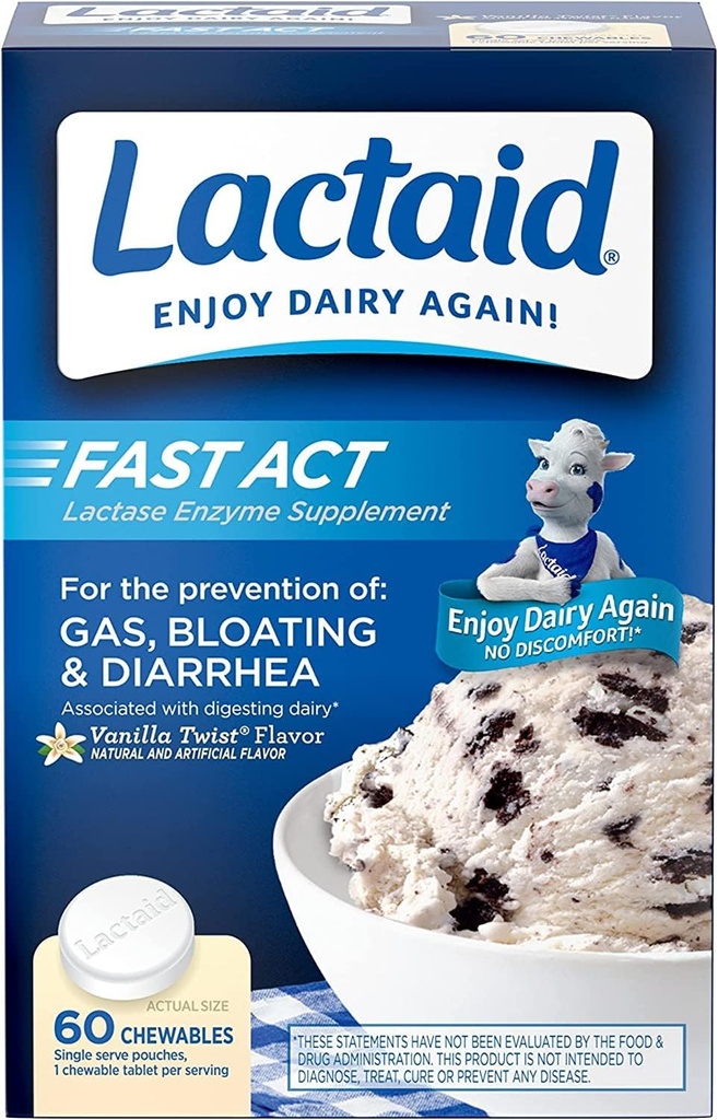 Lactaid Fast Act Lactose Intolerance Relief Chewables with Lactase Enzyme to Prevent Gas, Bloating & Diarree Vanwege LactoseSensitiviteit,Ideaal voor Travel&On-the-Go, Vanilla Twist,60 Packs of 1-ct.(5pk)