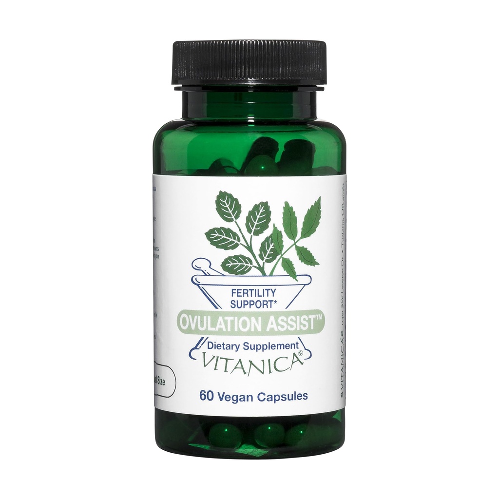 Vitanica Aide à l'ovulation - Santé ovarienne et soutien adrénal avec Rhodiola Rosea, Saint Basilic, Tribulus Terrestris & Chaste Tree - Supplément alimentaire à base de plantes - Pro Logo - 60 Caps végétaliens