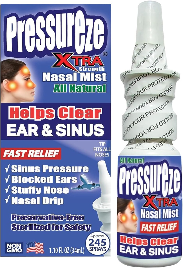 Druk Xtra - Natural- Conservative Free - Steriele neusspray - voor ernstige Sinus Congestie Relief - Opent geblokkeerde oorkanalen, Snurken - 245 Sprays, 34 ml (pakket van 1)