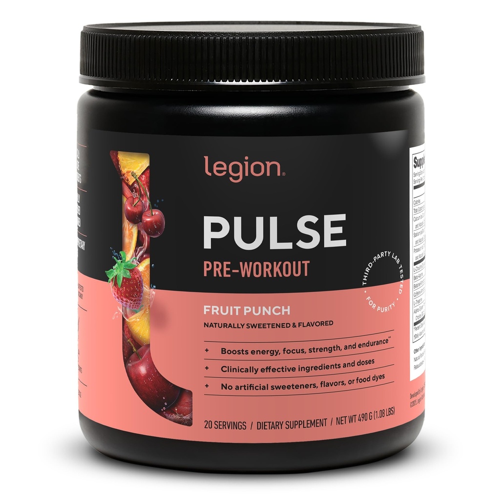 LEGION Pulse Pre Workout Supplement - Alle natuurlijke Nitric Oxidation Preworkout Drink om energie te stimuleren, Createine Free, natuurlijk zoet, Beta Alanine, Citrulline, Alpha GPC (Fruit Punch)