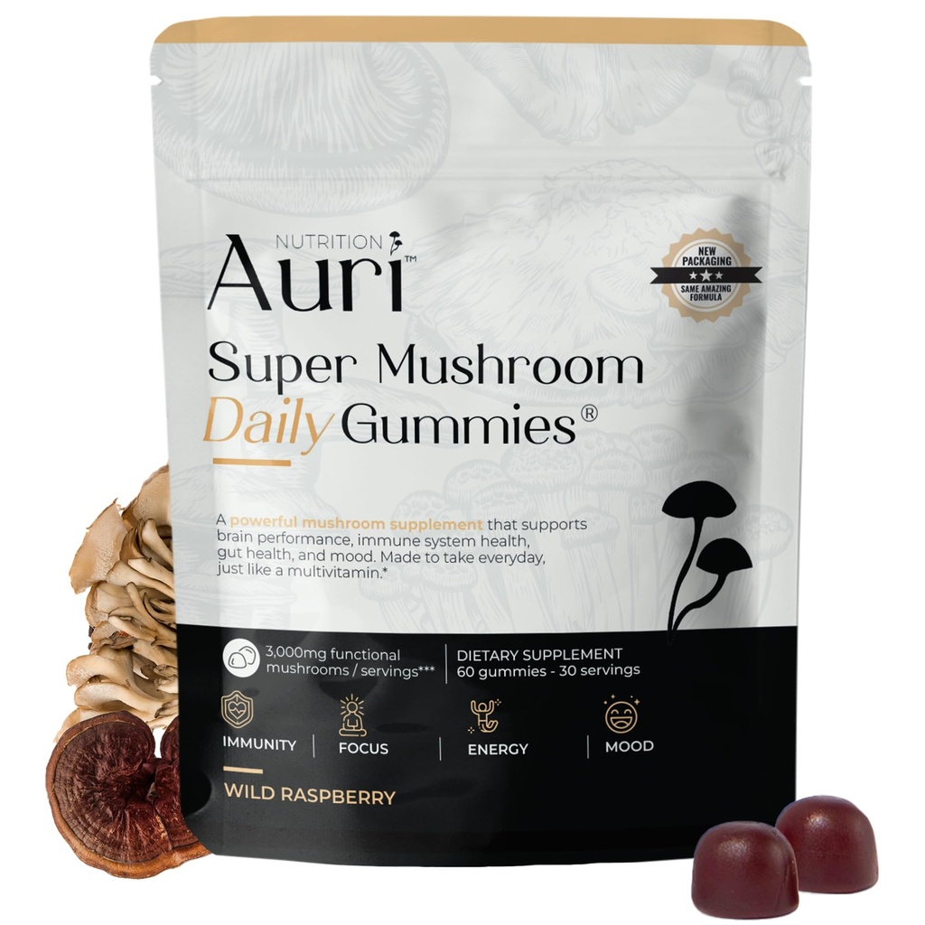 Auri Super Mushroom Daily Gummies - All-in-One Daily Mushroom Supplement Gummy - 12 Paddestoel Blend met Chaga, Lions Mane, Reishi, Cordyceps - 60 Gummies