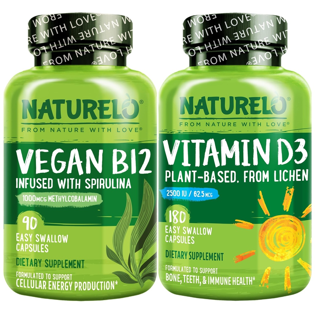 NATURELO Vitamine D - Plant op basis van Lichen - 180 Mini Capsules, Vegan B12, 1000 mcg Methylcobalamine - 90 Capsules