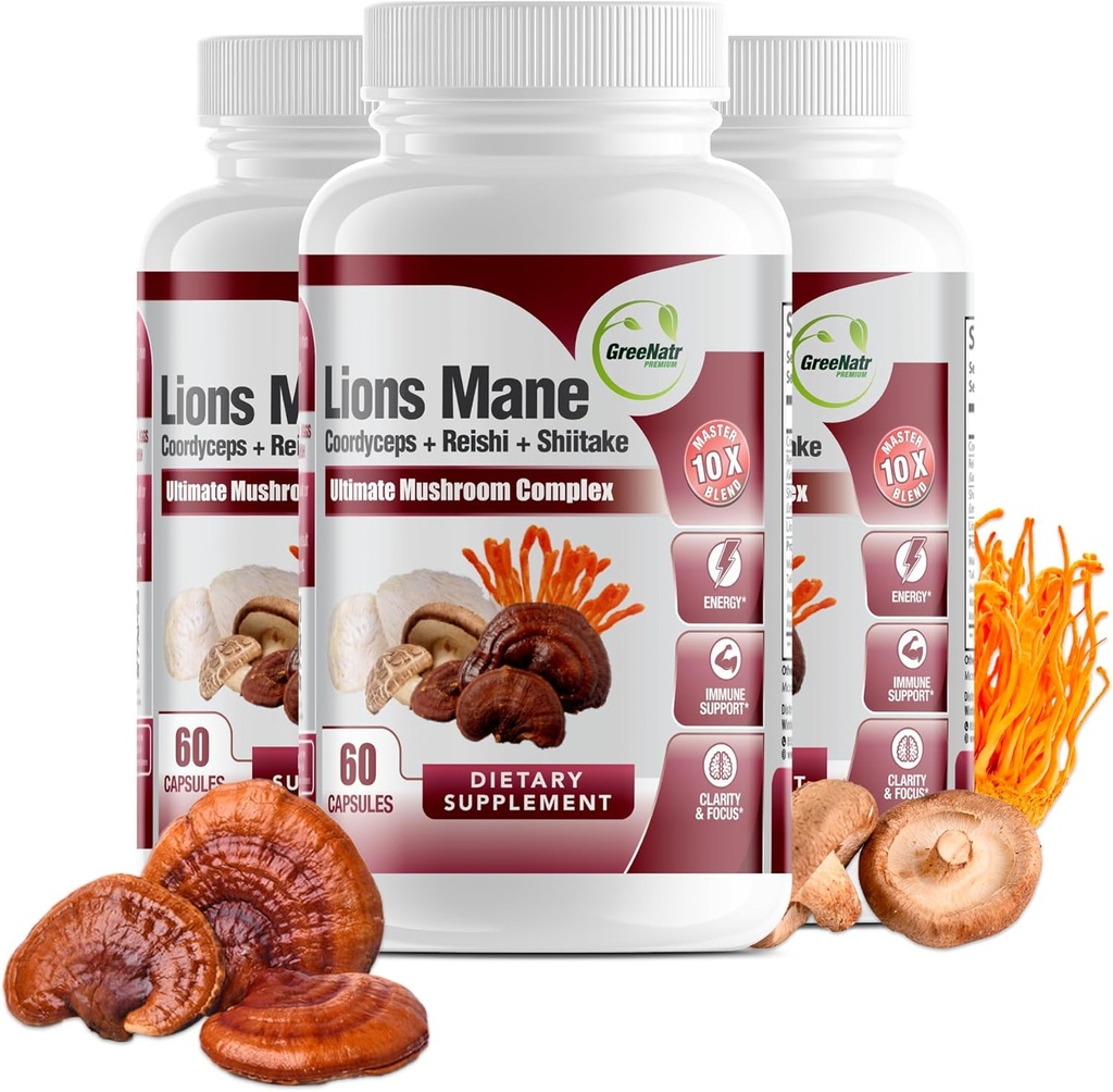 GreeNatr Complete Mushroom Supplement -10 in 1 Complex met Lions Mane, Cordyceps, Shiitake, Chaga, Turkije Staart voor Immune Support, Geheugen, Focus & Natural Energy Booster - 180 Capsules (3 flessen)