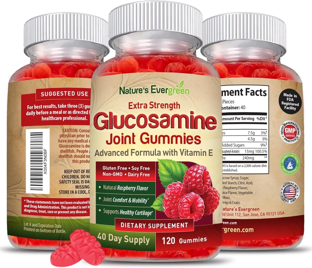 Extra Strength Glucosamine Joint Support Gummy Supplement (supplément de gommy) Soutien et flexibilité naturels pour la santé pour le dos, les genoux et les mains (supplément de la vitamine E pour l'immuno-support pour les femmes et les hommes) 120 Gummées
