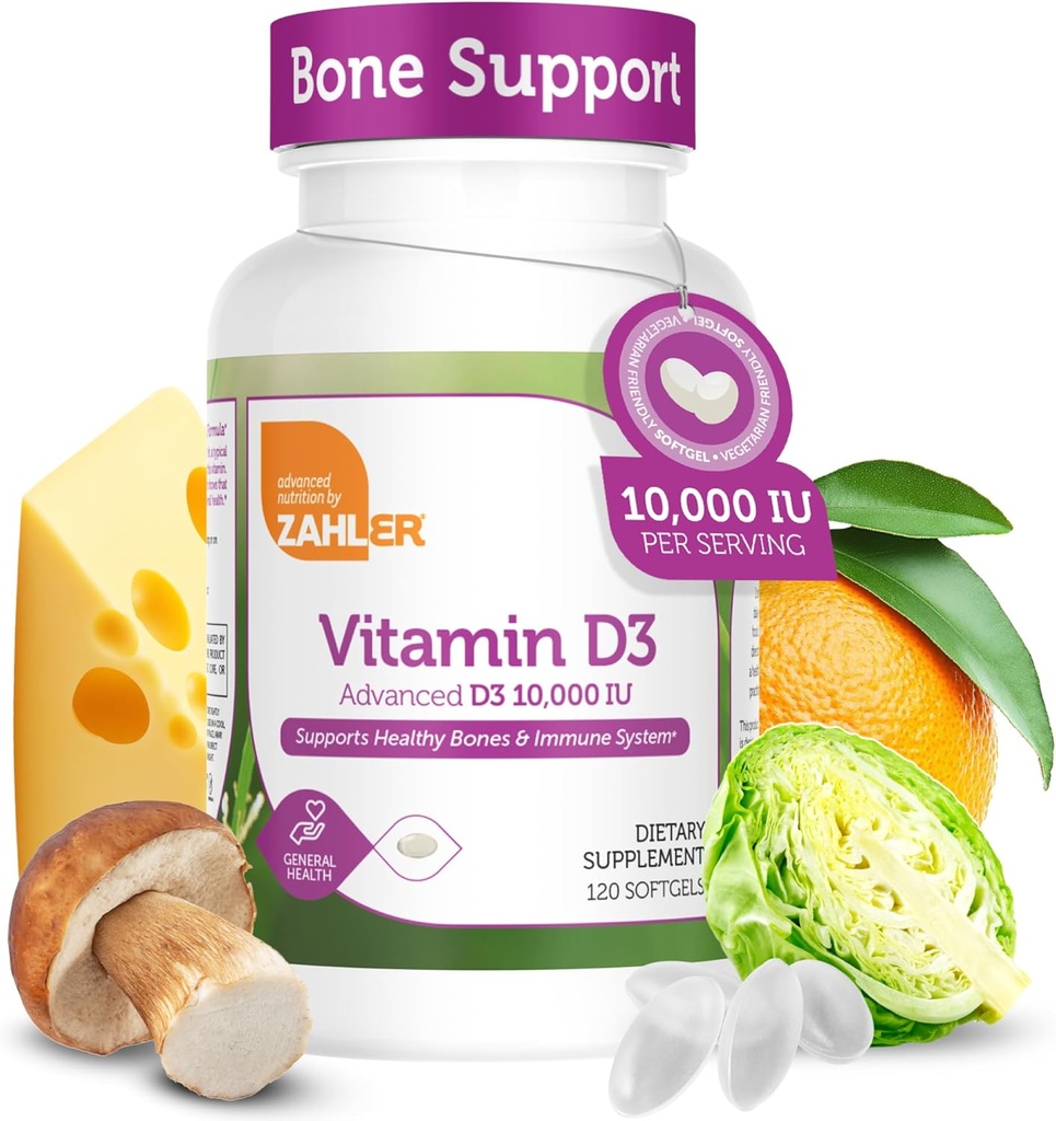 Zahler - Advanced Vitamin D3 10.000 IE Softgels (120 telling) Kosher Vegetarian Friendly Vitamin D for Immune Support, Bone, Teeth & Muscle Health - Daily D3 Vitamine Supplement for Adults - Easy Swallow