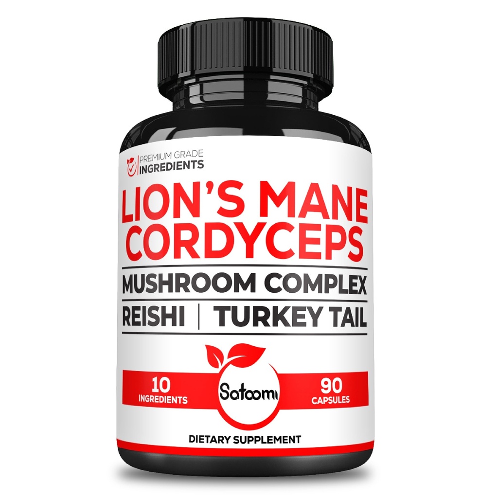 Satoomi 10in1 Cordyceps Supplément Champignon - mélangé avec Lions Mane, Turquie Tail Mushroom, Reishi Mushroom et autres - 90 Capsules pour 90 Servir Approvisionnement
