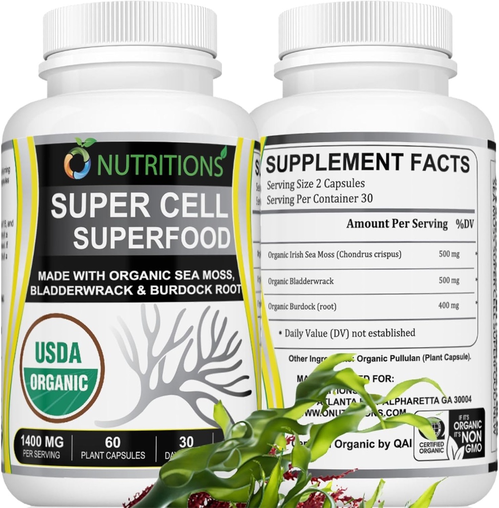 Sea Moss 60 Capsules USDA Certified Organic Irish Sea Moss Capsules with Bladderwrack & Burdock Root &amp; Immune Support Supplement for Men and Womens Vitamins and Mens Vitamins (1 Pack)