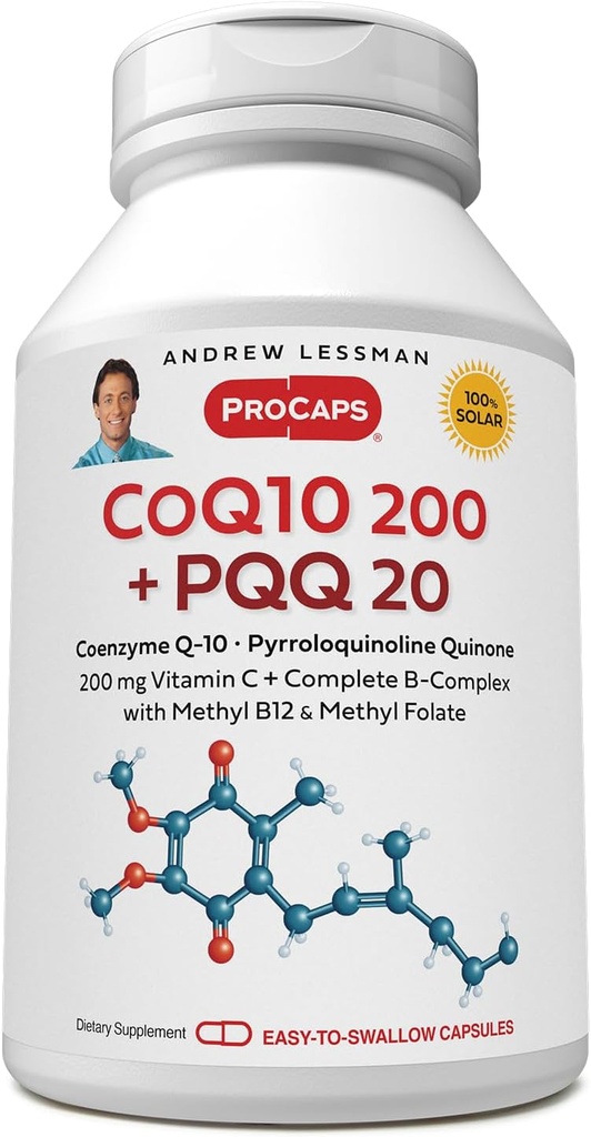 ANDREW LESSMAN Coenzyme Q-10 200 Plus PQQ 20mg - 120 Capsules - Onderhoudt CoQ10 niveaus, Optimale Cellulaire Energie, Ondersteunt energieproductie, hart, hersenen, lever, nieren, Pancreas. Geen additieven