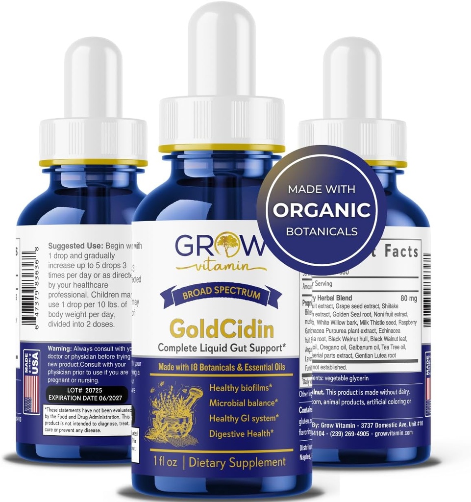 grow vitamin GoldCidin Gut Health Supplement, 18 Botanical Extracts, Eliminates Irritants & Biofilms, Promotes Beneficial Flora, 18 Botanical & Essential Oil Blend - (1 oz)