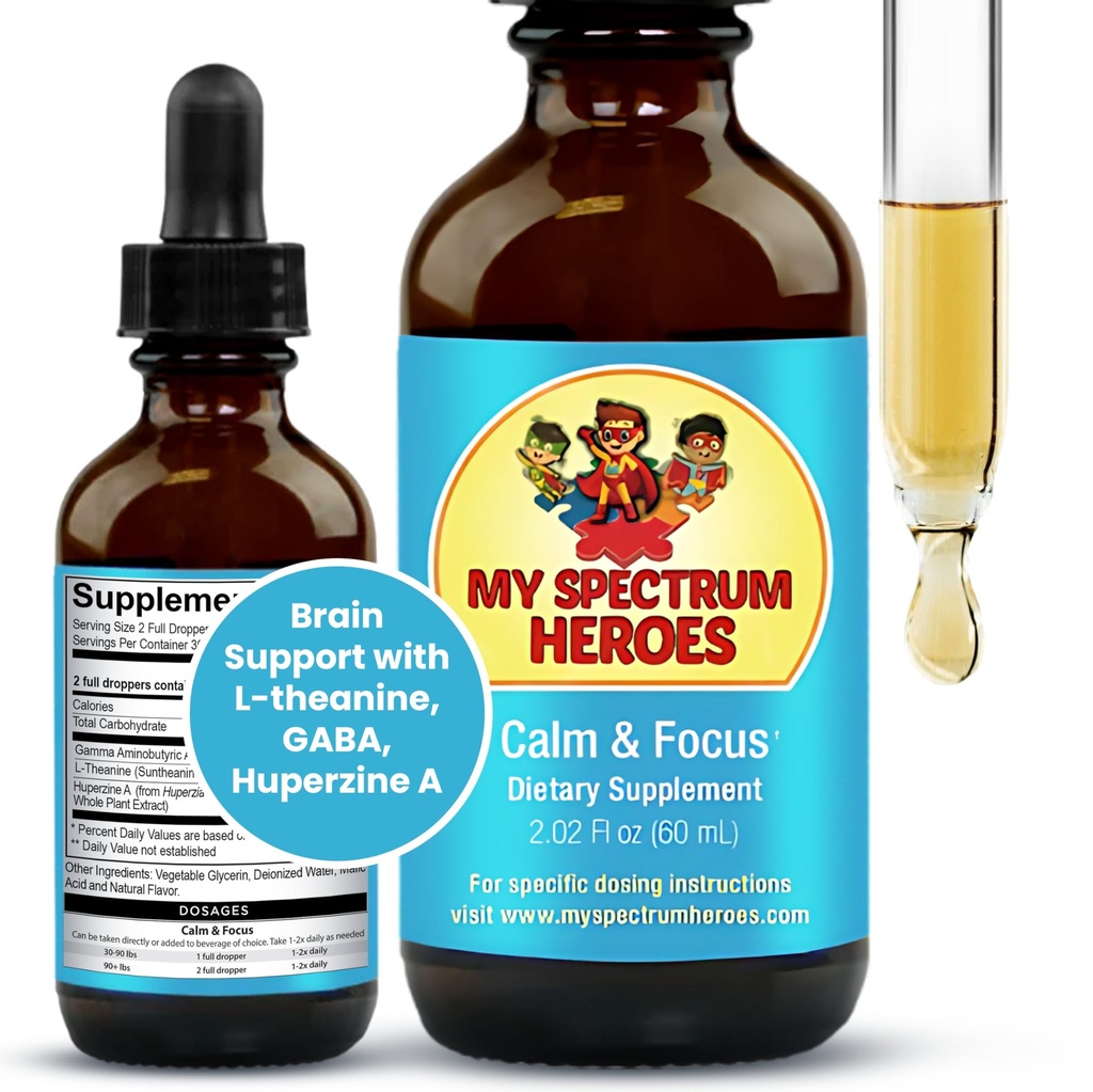 My Spectrum Heroes Calm & Focus Supplement Drops - Soutien Cerveau avec L-theanine, GABA, Huperzine A - Améliorer la concentration pour les enfants ou les adultes - Boost Concentration pour les enfants et les adolescents - 2.02 FL oz. (60 ml)
