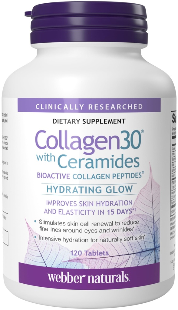 Webber Naturals Collageen30 met Ceramides, Bioactive Collageen Peptiden, 120 tabletten, Hydrating Glow, helpt verbeteren van de huid Hydratatie, Elasticiteit & Smoothness, Niet GGO, Zuivel & Glutenvrij