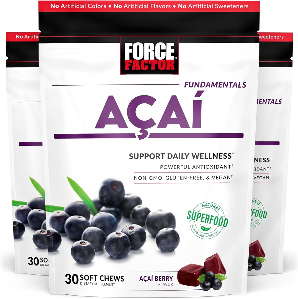 Force Factor Acai Zachte Kauwen voor Immune Ondersteuning, Oxidatieve Stress Verdediging, Superfood en Antioxidanten Supplement, Non-GMO, Gluten-Free, en Vegan, Acai Berry Flavor, 30 Zachte Kauwen, 3-Pack