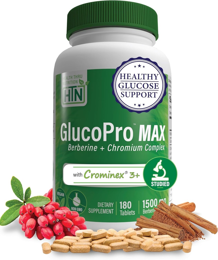 Health Thru Nutrition GlucoPro Max - met 1.500mg Berberine, Chrominex + Chroom, en 1000mg kaneel . . Vegan, Non-GMO, Glutenvrij . . Pack van 180