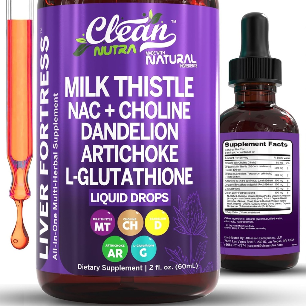Clean Nutraceuticals Melkdistel NAC Lever Reiniging Detox & Reparatie Supplement Lever Ondersteuning Liquid Drops met Dandelion Extract, Artichoke, Chanca Piedra, Choline, L-Glutathione, Burdock, Schisandra