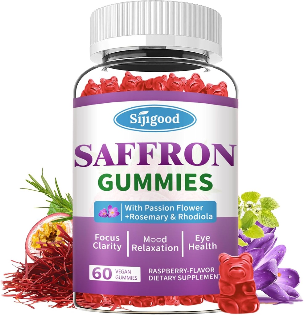 Saffraan Gummies - Suikervrije Saffron Supplement voor mannen Vrouwen Mood Ondersteuning Supplement met Saffraan Extract, Passie Bloem, Magnesium & vitamines voor ontspanning, Focus, Raspberry Flavor, 60 Tellen