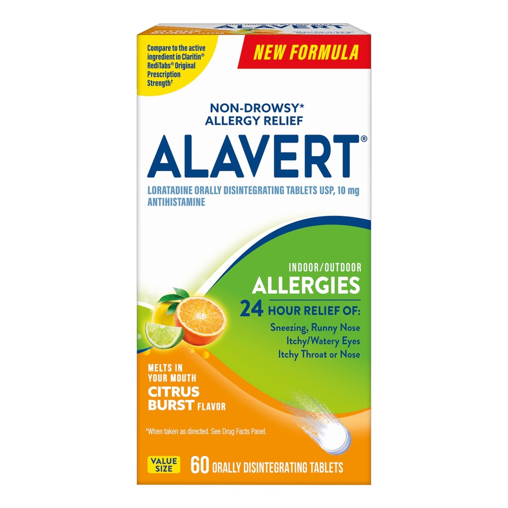 Alavert Allergie 24 uur Relief, Citrus Burst smaak, Orally Desintegring Allergie Tablets, Non-drowsy Antihistamine, Loratadine 10mg, 60 Tellen
