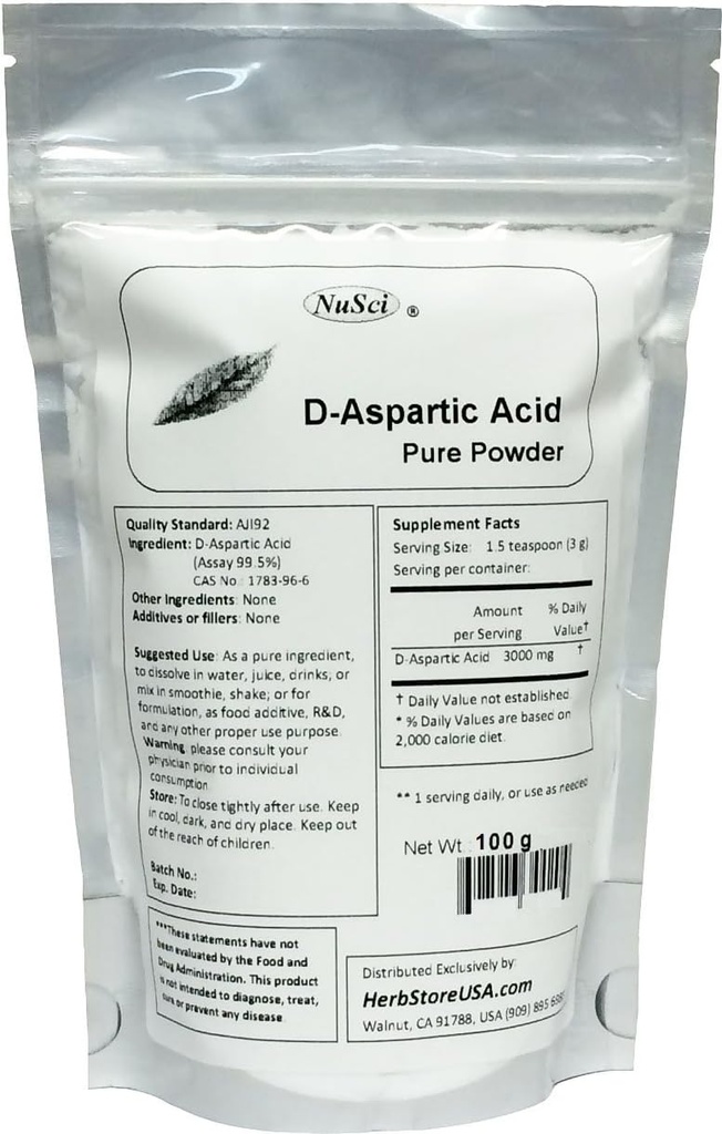 Pure D-Aspartic Acid (DAA) Powder AJI Quality Standard (100 Gram (3.52 oz))