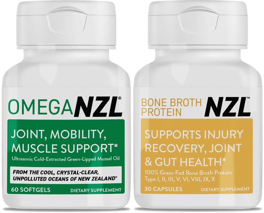 Omega-3 Natuurlijke Joint Relief Supplement Natuurlijke spierondersteuning, Green-Lipped Mussel Oil gezamenlijke ondersteuning, Geen Fishy Aftersmaak, 60 Softgels Plus een fles Bone Broth Protein 30 capsules