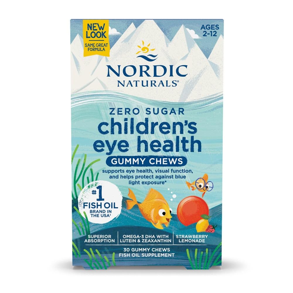 Nordic Naturals Enfants Santé des yeux Gommies, Lémonade aux fraises - 30 Gommies pour enfants - 484 mg Total Oméga-3s DHA, Lutéine et Zeaxanthin - Santé du cerveau, Antioxydants, Non-OGM - 30 portions