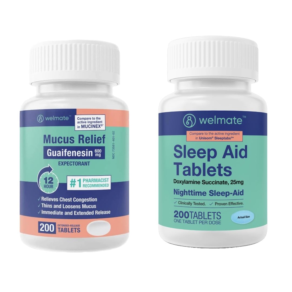 WELKOM Nighttime Wellness Bundle: Mucus Relief Guaifenesin 600mg Mucus Relief (200 Ct) & Doxylamine Succinate 25mg Slaaphulp (200 Ct) 