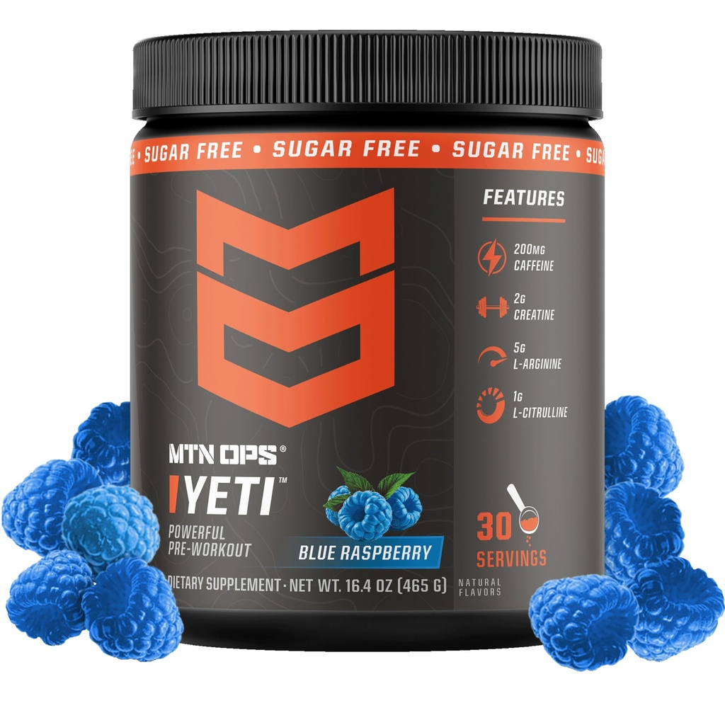 MTN OPS Yeti boisson pré-entraînement en poudre d'énergie avec de la créatine, 200mg caféine et BCAA avec Beta Alanine, 30-Serving Tub, Blue Raspberry