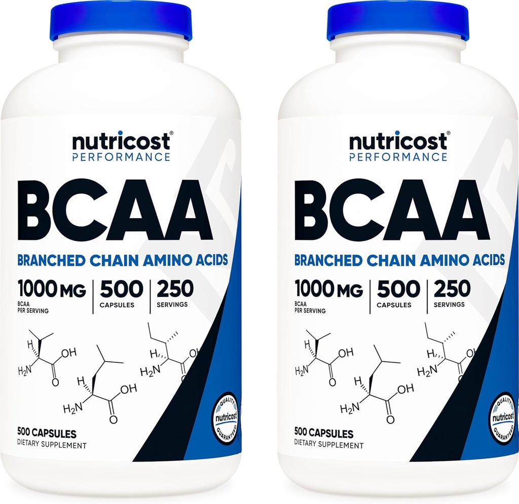 Nutricost BCAA 1000mg, 500 capsules (250 Serv), 2:1:1 vertakte Aminozuren (500 mg L-Leucine, 250 mg L-Isoleucine en L-Valine) (2 flessen)