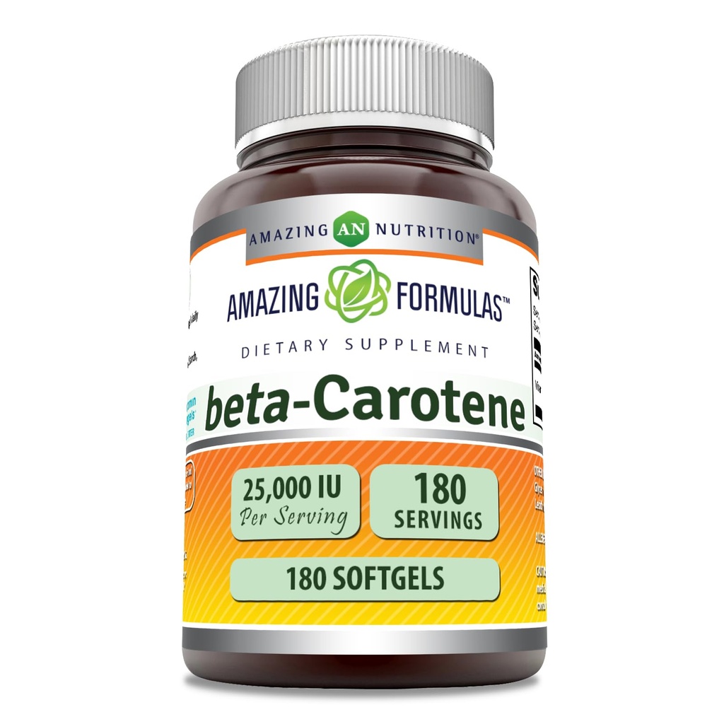 Formules étonnantes Supplément Beta-Carotène $ 25000 UI par service $ 180 Softgels $ Non-GMO $ Sans gluten $ Fabriqué aux États-Unis