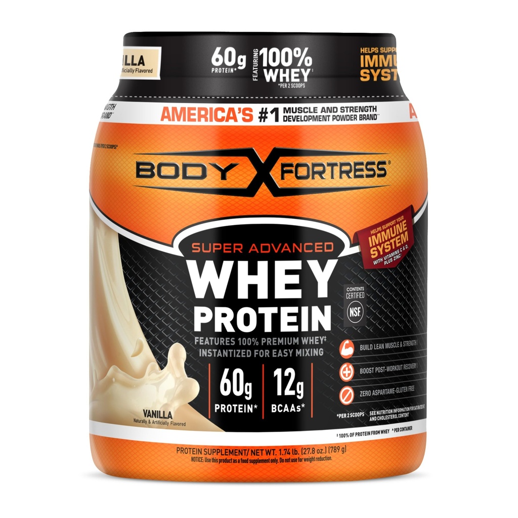 Body Fortress Super Advanced Wei Proteïne Poeder, Vanille, Immune Ondersteuning (1), Vitaminen C & D Plus Zink, 1,74 lbs