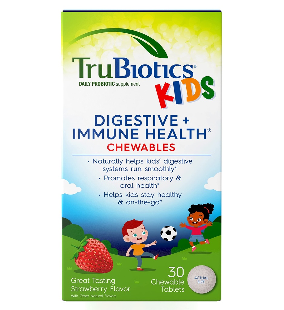 Trubiotics Probiotics for Kids Digestieve & Immune Health Support, Sugar-Free Kauwbare Kids Probiotic om een gezonde Tummy te behouden, natuurlijke aardbeien smaak, 30 tabletten