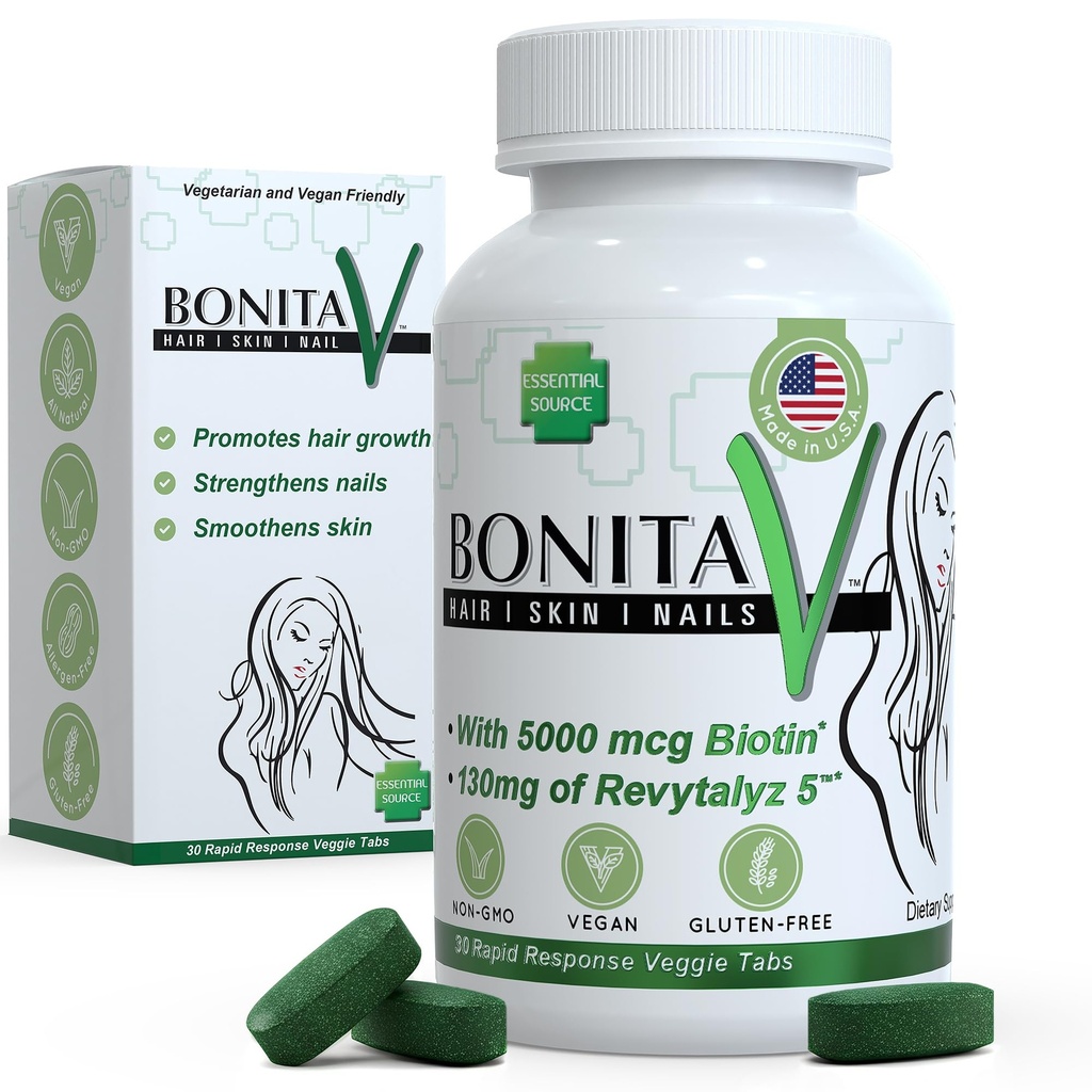 Source essentielle Biotine (Biotina Vitamines) - Huiles de peau pour cheveux Vitamines pour les femmes et les hommes - 5000 mcg - Suppléments de soutien de la croissance des cheveux - 30 comprimés - avec Revytalyz 5, Vitamine A, C, B12 - Fabriqué aux États-Unis