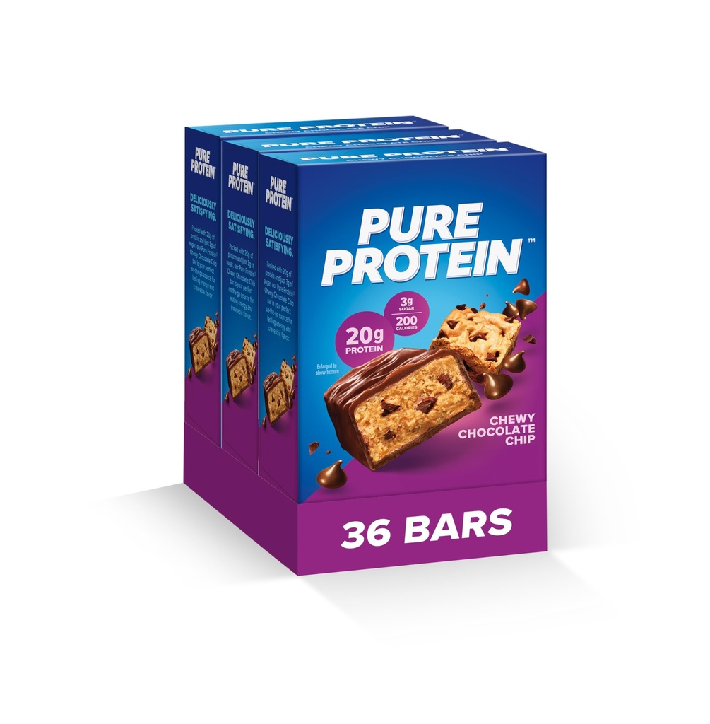 Pure Proteïne Bars, Hoge Proteïne, Nutrische Snacks ter ondersteuning van energie, lage suiker, Glutenvrij, Chewy Chocolate Chip, Pack van 36