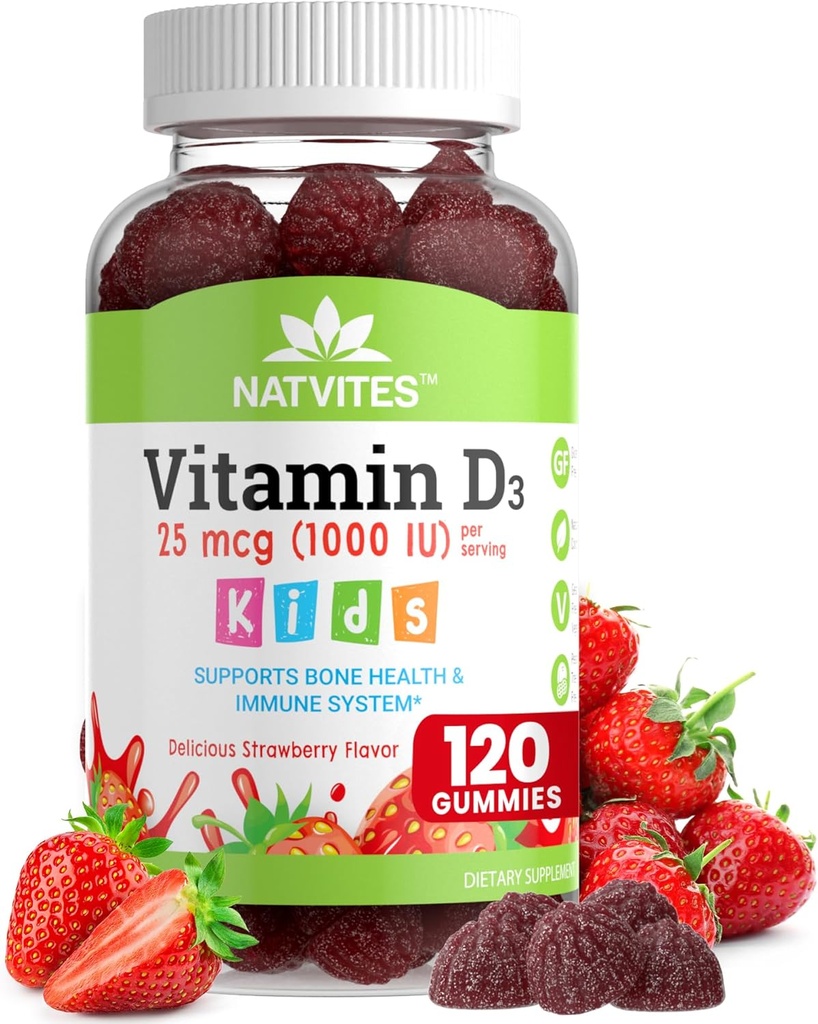 Vitamine D3 Gummies for Kids - Vitamine D 1000 IE Pectin Gummy - Aardbei Gearomatiseerd - Bone Health and Immune Support Supplement - Non-GMO, Glutenvrij, Veganistisch, Noot & Dairy Free - 120 Tellen (Pack of 1)