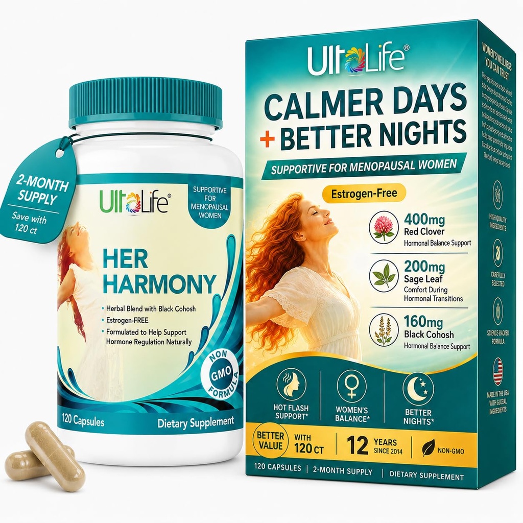 UltaLife Her Harmony Menopause Supplements for Women - Hot Flashes Menopause Relief & Hormone Balance for Women - Contains Black Cohosh, Dong Quai, Red Clover & More - Estrogen Free - 120 Capsules