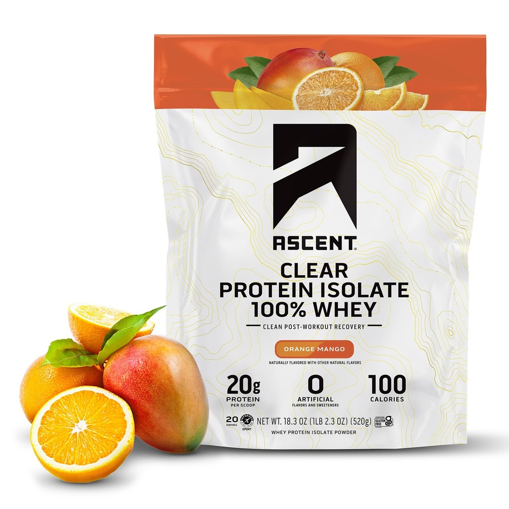 Ascent 100% helder Wei Proteïne Poeder - Post workout, Zero Artificial Flavors & Sweeten, Glutenvrij, 5.5g BCAA, 2.1g Leucine, Essentiële Aminozuren, Orange Mango, 20 Servers
