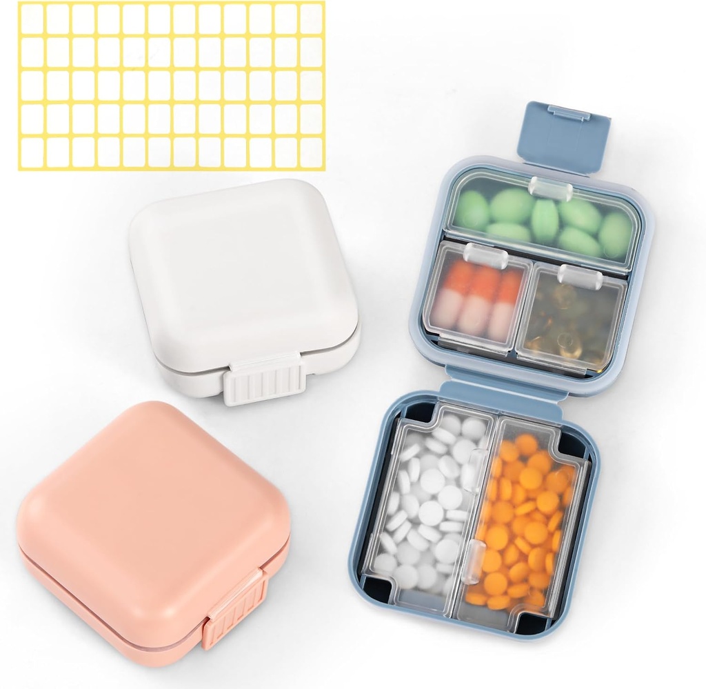 Dynippy Daily 3 Pack Pill Organizer 5 Compartiments Portable Hydraure Proof Petite Pill Case for Pocket Purse Travel Pill Box Portable Medicine Vitamine Fish Oil Holder Container (Blue Pink White)