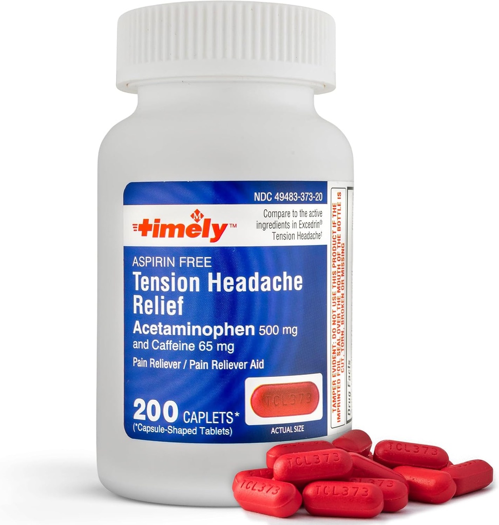 Tijdig - 200 Capletten - Spanning Hoofdpijn en Pijn Reliever met Acetaminophen 500 mg en Cafeïne 65 mg Extra sterkte voor hoofd, nek, schouder en lichaamspijn Reliver, Aspirine Vrij - Made in USA
