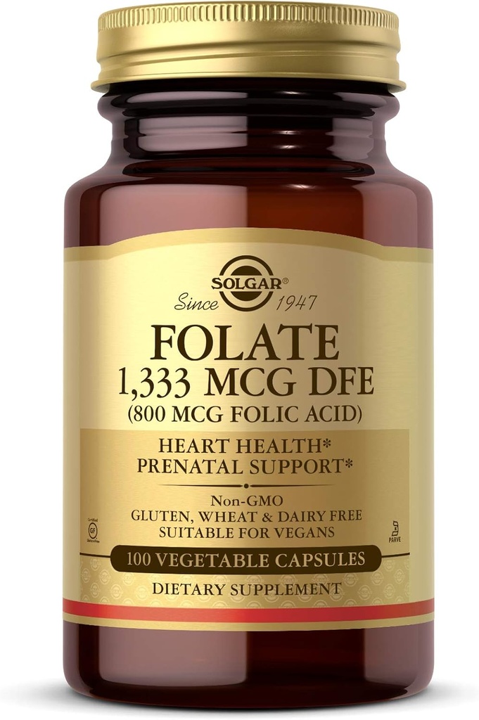 Solgar Folate 1.333 mcg Dietary Folate Equivalent (800 mcg Folic Acid), 100 plantaardige capsules - Heart Health, Healthy Nervous System, Prenatale ondersteuning - Non-GMO, Veganist, Glutenvrij - 100 porties