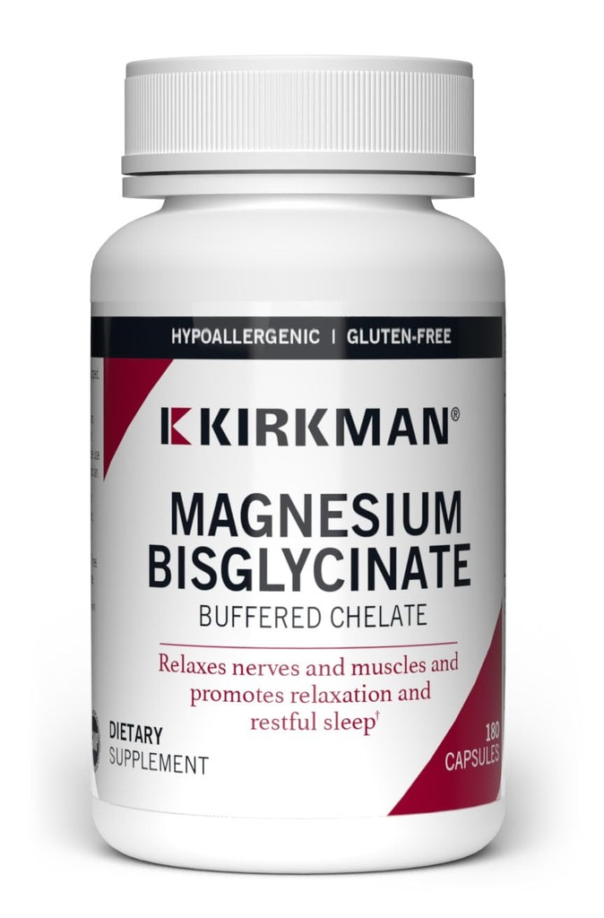Kirkman - Magnesium Biglycinate Buffered Chelate - 180 Capsules - Relaxes Zenuwen & Spieren - Bevordert rustgevende slaap - Hypoallergeen