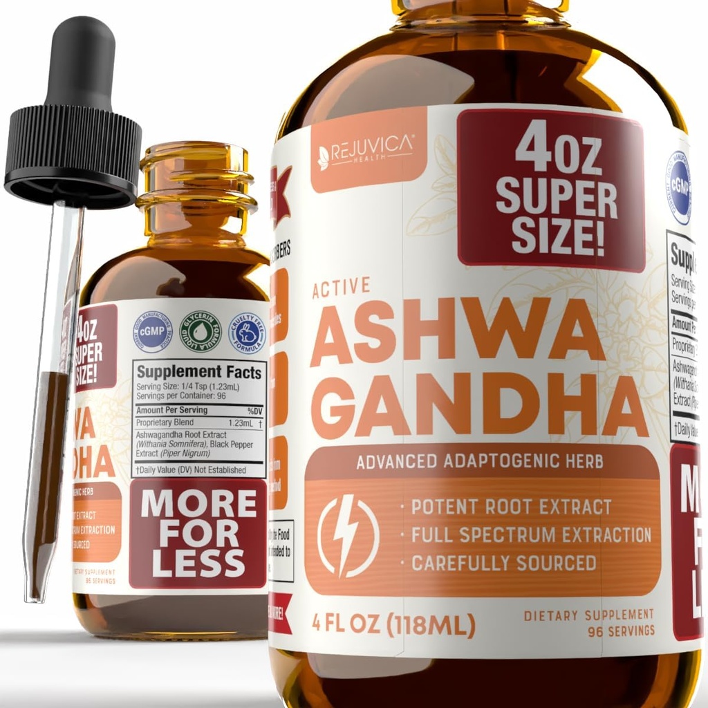 Rejuvica Health Active Ashwagandha 4oz XL Super Size - Advanced Liquid Supplement Tinctuur - Withania Somnifera Extract Drops - Ashwagandha Roots Only - Natuurlijk voorkomend met anolides