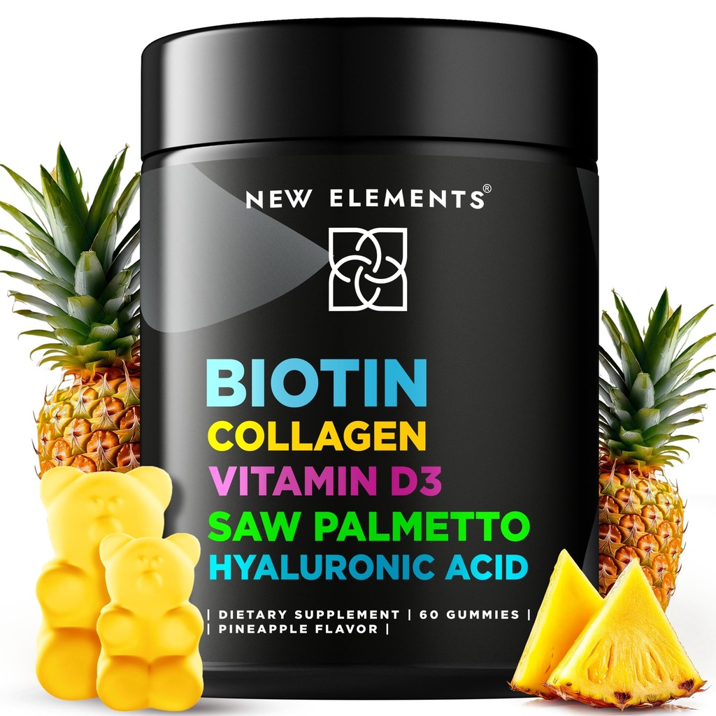 Biotin Gummies with Collagen Vitamin D3 Saw Palmetto & Hyaluronic Acid for Hair Skin and Nails, Hair Growth Supplement for Men & Women | Non-GMO | Gluten-Free | Natural Pineapple Flavor