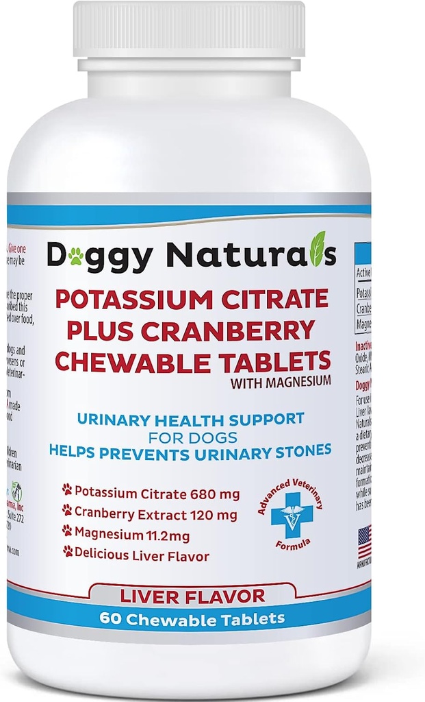Kalium citraat Plus Cranberry met Magnesium Supplement voor honden (60 tabletten) - Urine Tract Ondersteuning - Helpt Deter vorming van Calcium Oxalaat Stones-Deters Blader & Nierstenen(Made in U.S.A)