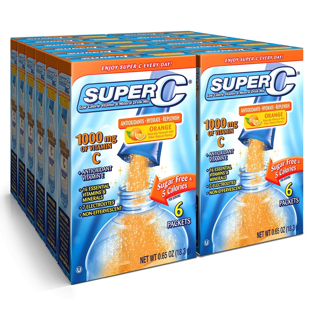 Super C Vitamine & Mineral Drink Mix, Oranje, 6 CT Singles to go, Pack of 12 (72 Total Packets)