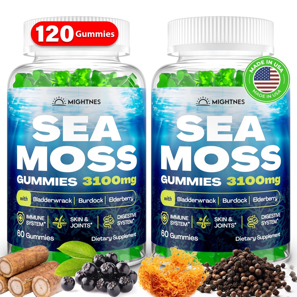 Sea Moss Gummies, 3100mg Irish True Sea Moss Seamoss Gummies for Women & Men with Bladderwrack, Burdock Root, Vlierberry Vitamin C and Zink for Detox Cleanse, Immune, Skin, Digestief, Biologische, 120Ct