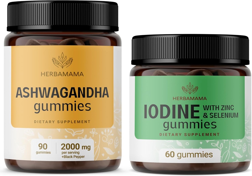 HERBAMAMA Ashwagandha and Iodine Kit - Bundel van 2000 mg Ashwagandha Root & Kaliumjodium, Zink en Selenium Gummies - Vegan, Non-GMO, Gelatine-Free - 2 Pack