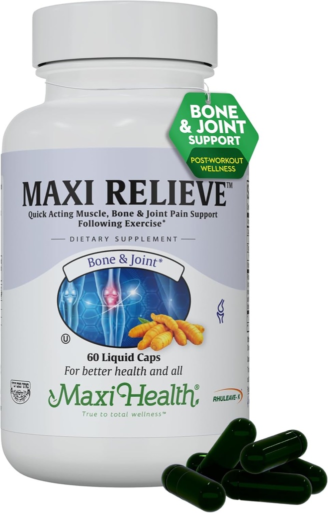 Maxi Health Relieve Joint Support Supplement met Kurkuma en Boswellia Serrata, Quick-Active Support Na Oefening, Vegetarische niet-GMO Bone & Joint Health Supplement voor mannen en vrouwen, 60 capsules